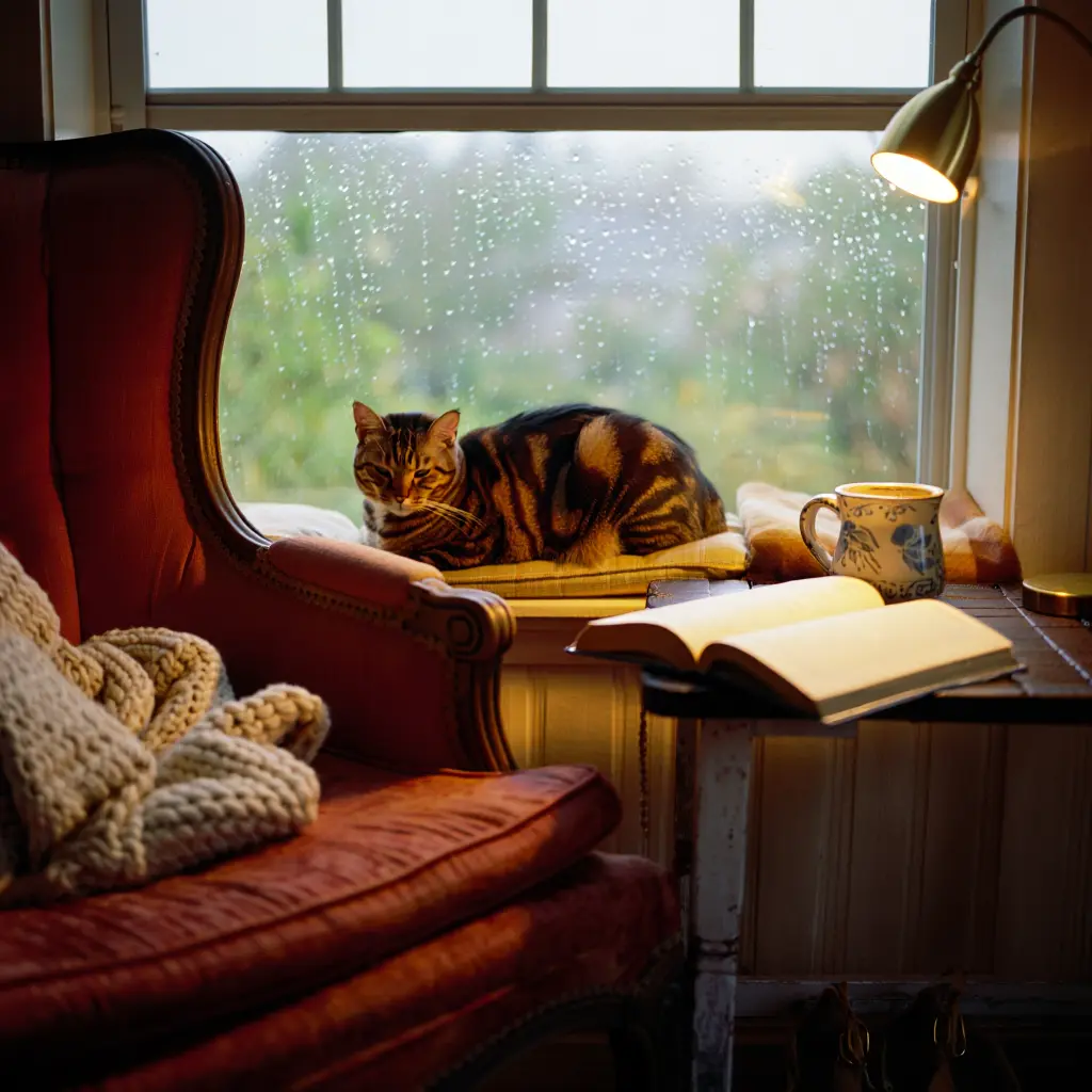 A cozy reading nook with a cup of tea and an open book by a window